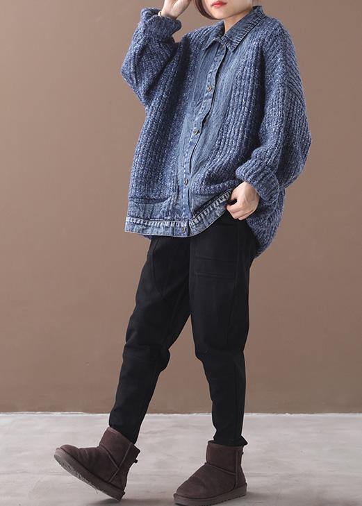 Women blue Sweater Blouse lapel collar oversize patchwork sweaters