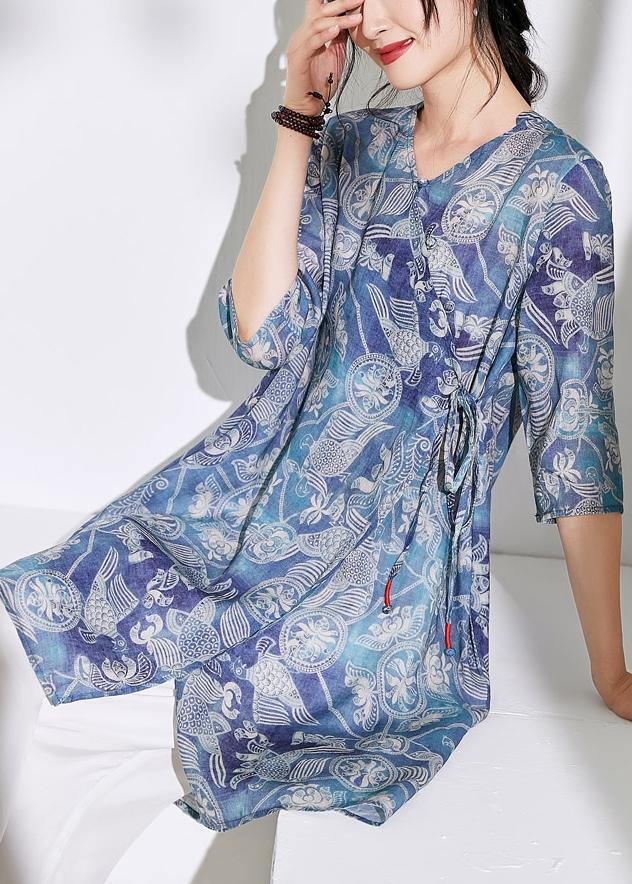 Women blue print cotton linen clothes For Women Photography v neck tie waist shirts