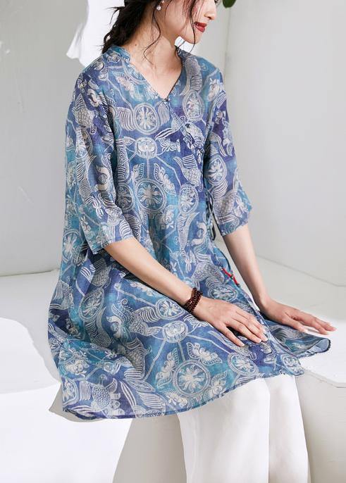 Women blue print cotton linen clothes For Women Photography v neck tie waist shirts