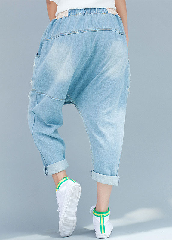 Women dark Blue Asymmetrical Pockets elastic waist ripped Jeans Spring