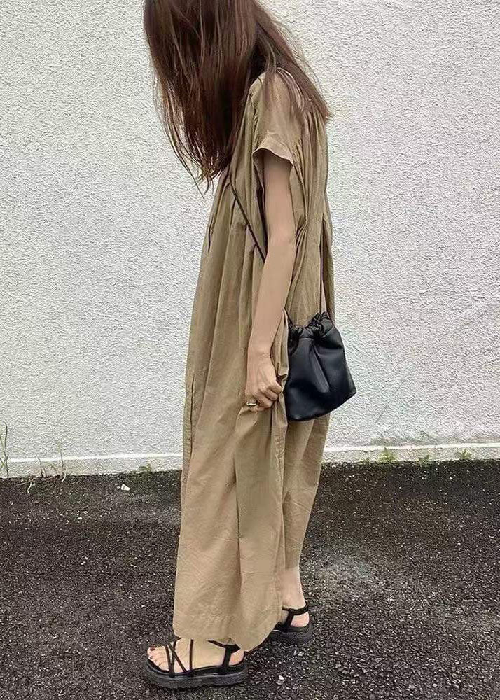 Women easy Khaki Button Cotton long Dress Short Sleeve