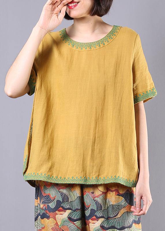 Women embroidery cotton linen Tunic yellow loose shirts summer