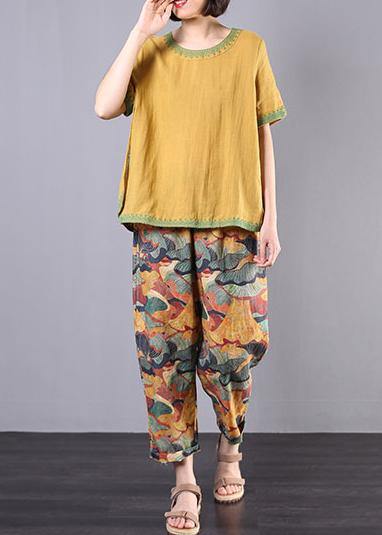 Women embroidery cotton linen Tunic yellow loose shirts summer