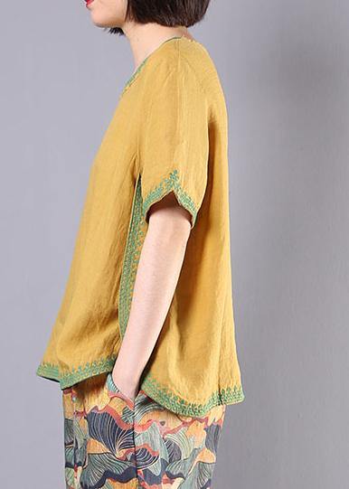 Women embroidery cotton linen Tunic yellow loose shirts summer