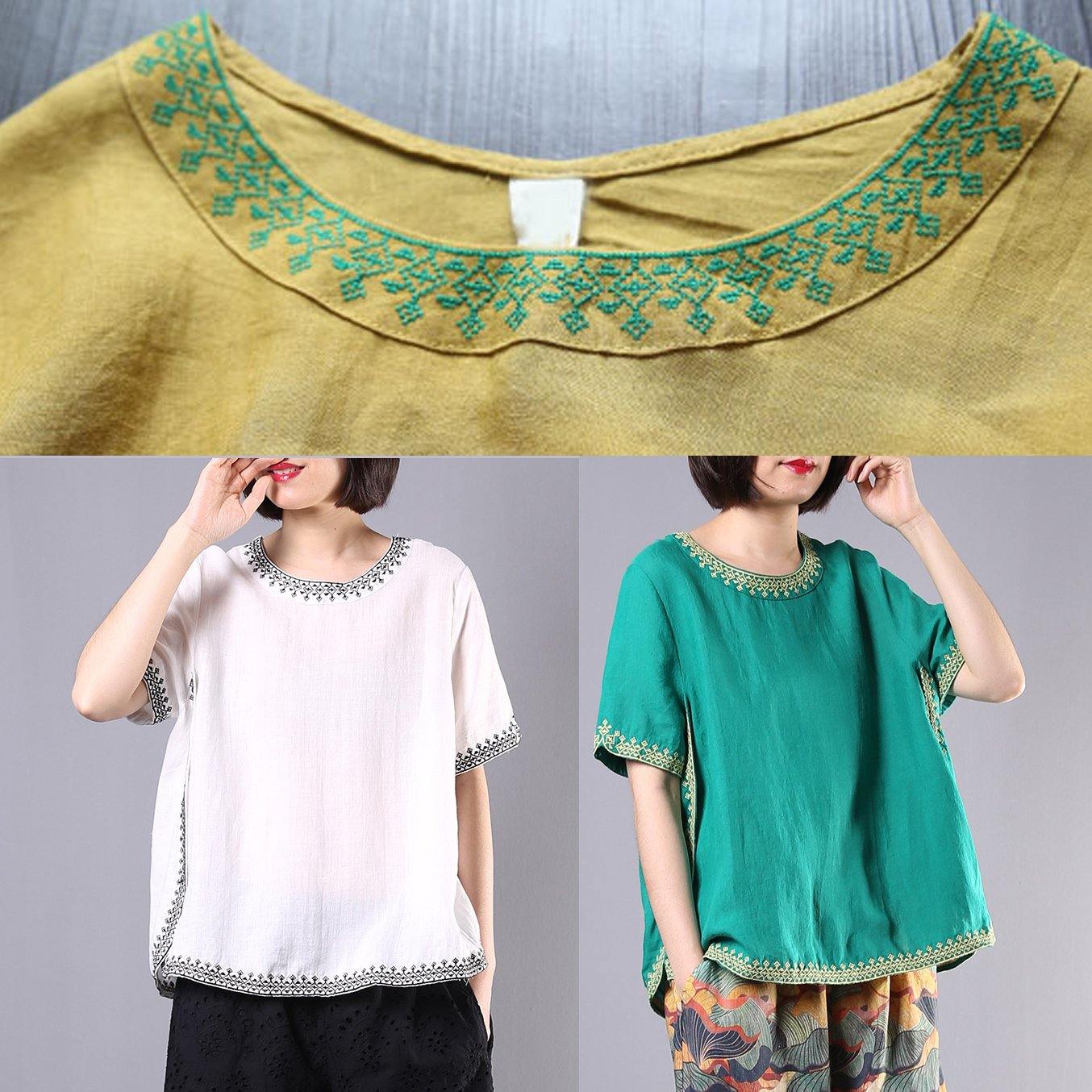 Women embroidery cotton linen Tunic yellow loose shirts summer