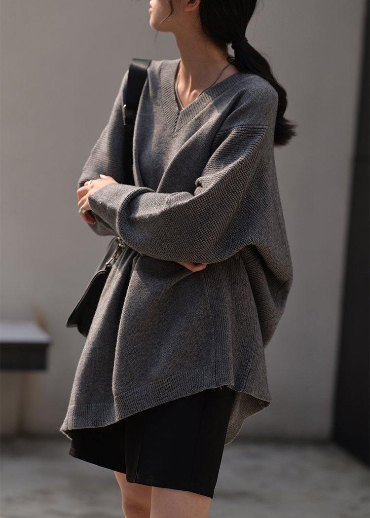 Women fall dark gray sweaters oversized v neck Blouse