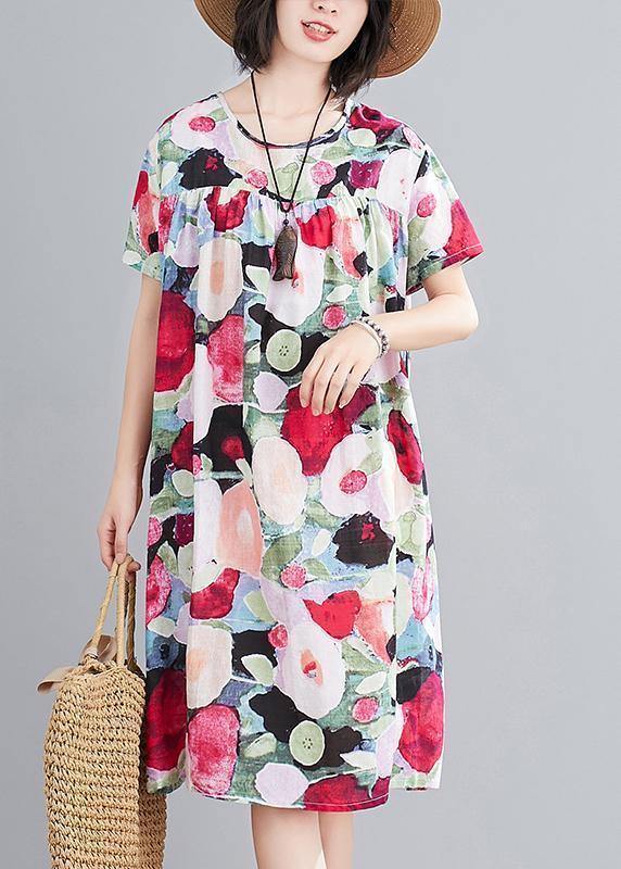 Women floral Cotton Wardrobes o neck Cinched tunic summer Dress