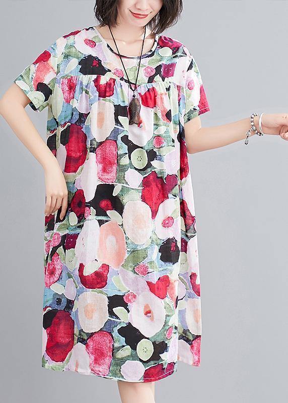 Women floral Cotton Wardrobes o neck Cinched tunic summer Dress