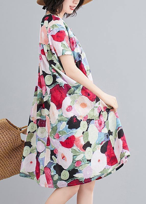 Women floral Cotton Wardrobes o neck Cinched tunic summer Dress