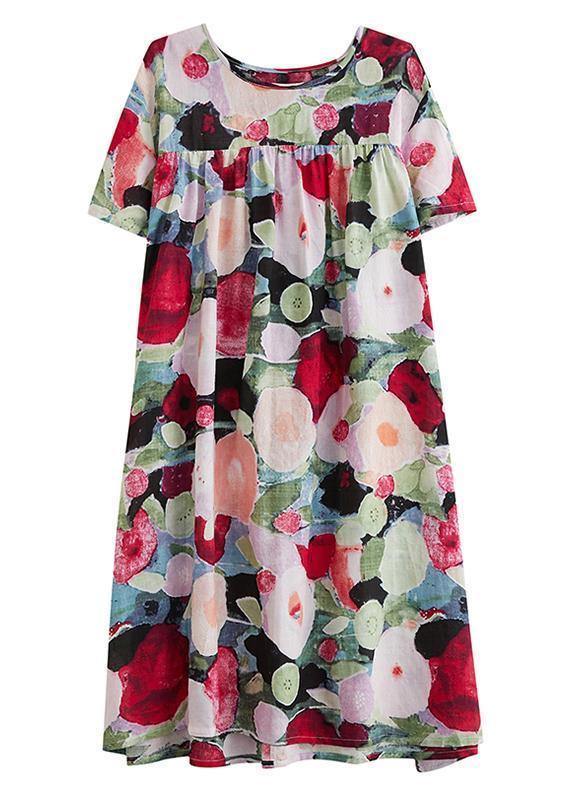 Women floral Cotton Wardrobes o neck Cinched tunic summer Dress