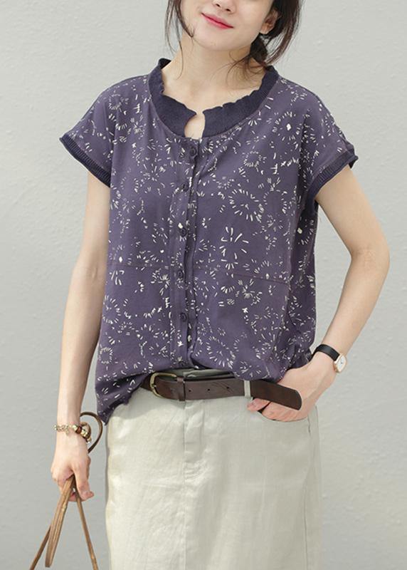 Women floral cotton tops stand collar silhouette summer shirt