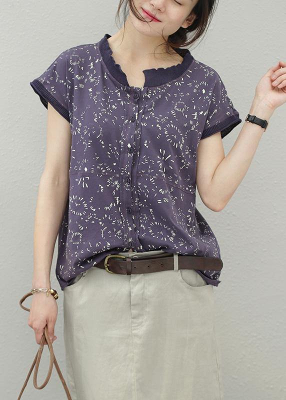 Women floral cotton tops stand collar silhouette summer shirt