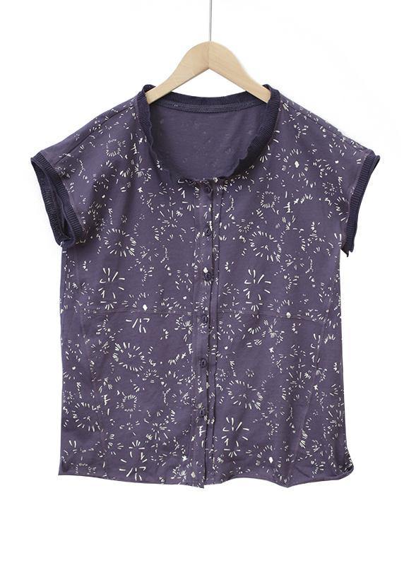 Women floral cotton tops stand collar silhouette summer shirt