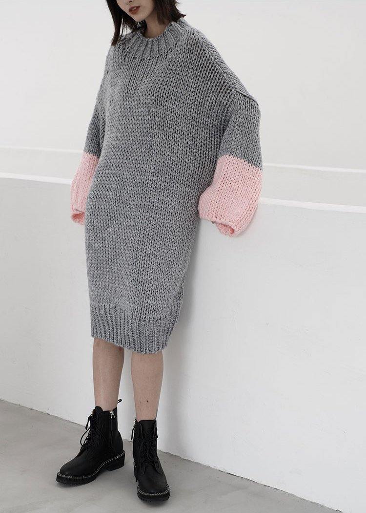 Women gray Sweater knit top pattern Upcycle o neck Batwing Sleeve knit dress