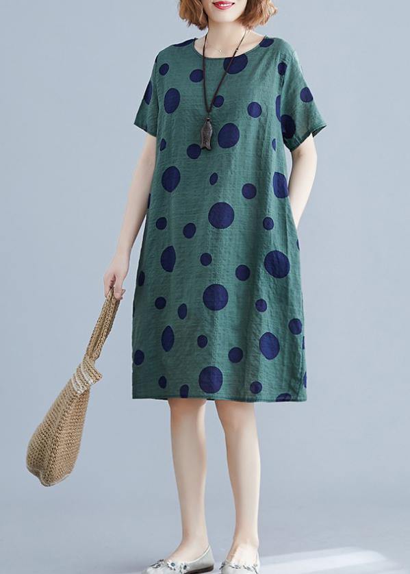 Women green dotted Cotton Tunic o neck pockets loose Dress