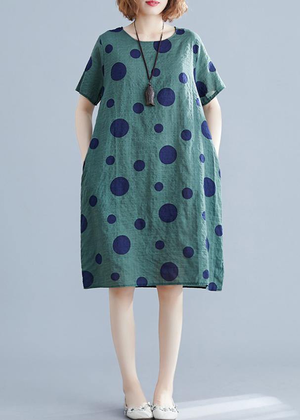 Women green dotted Cotton Tunic o neck pockets loose Dress