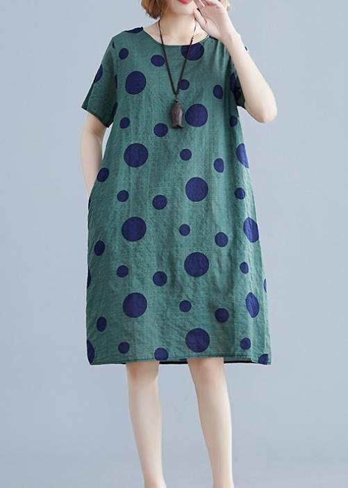 Women green dotted Cotton Tunic o neck pockets loose Dress