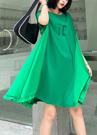 Women green embroidery Cotton Tunics o neck Midi summer Dress