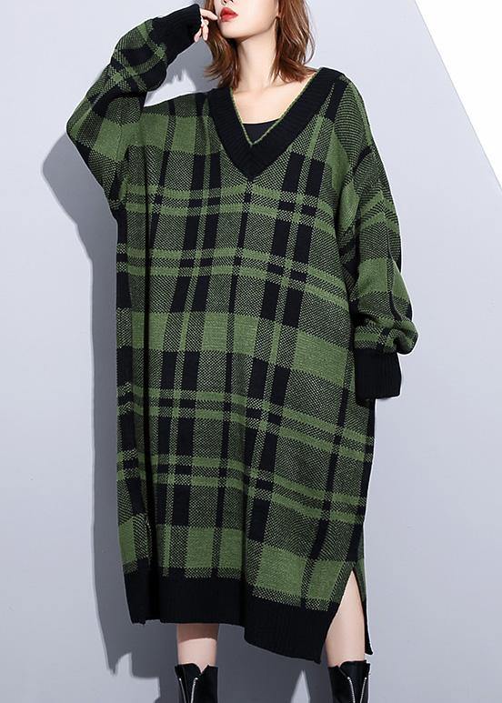 Women green plaid Cotton Long Shirts side open daily v neck Dress