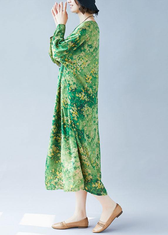 Women green print Long dress o neck Maxi summer Dresses