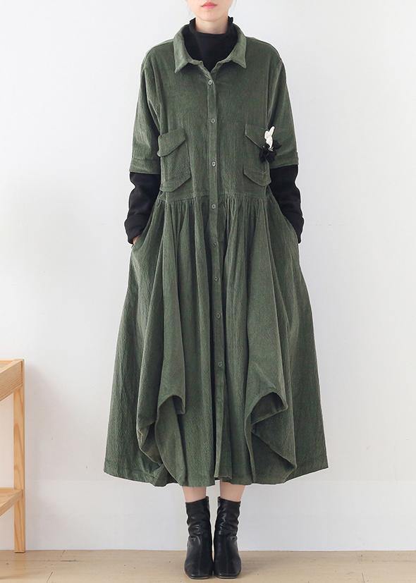 Women green quilting clothes lapel false two pieces A Line Dress