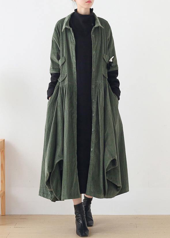 Women green quilting clothes lapel false two pieces A Line Dress