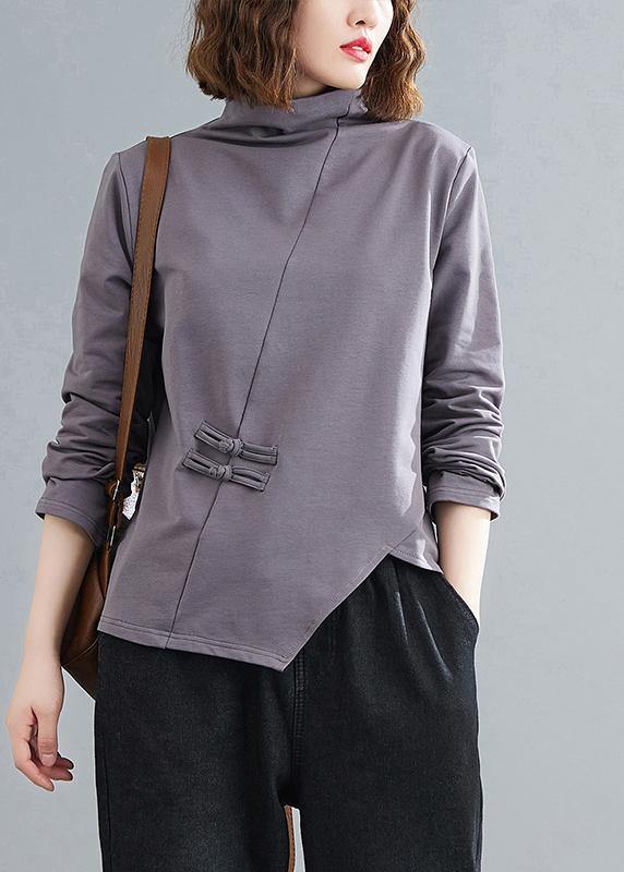 Women high neck Chinese Button clothes Tunic Tops gray blouses