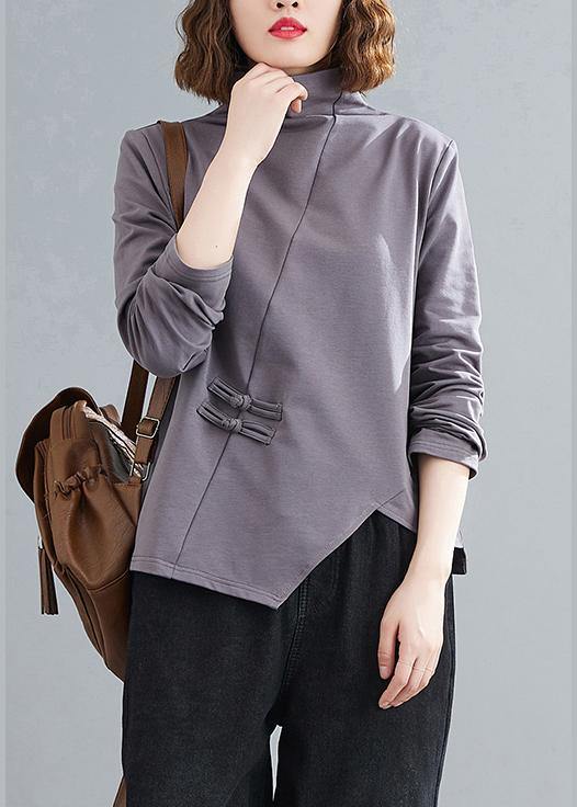 Women high neck Chinese Button clothes Tunic Tops gray blouses