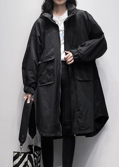 Women hooded Ruffles pockets trench coat black oversized outwear