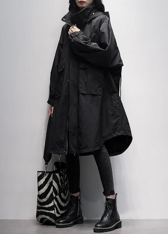 Women hooded Ruffles pockets trench coat black oversized outwear