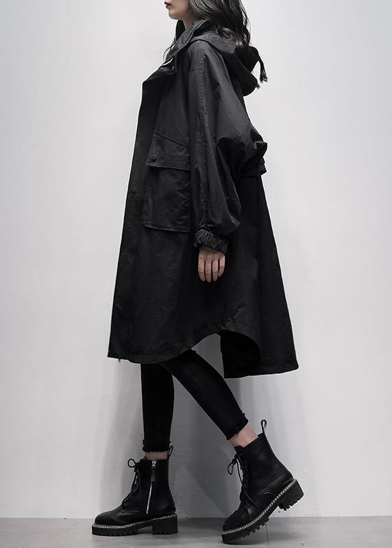 Women hooded Ruffles pockets trench coat black oversized outwear