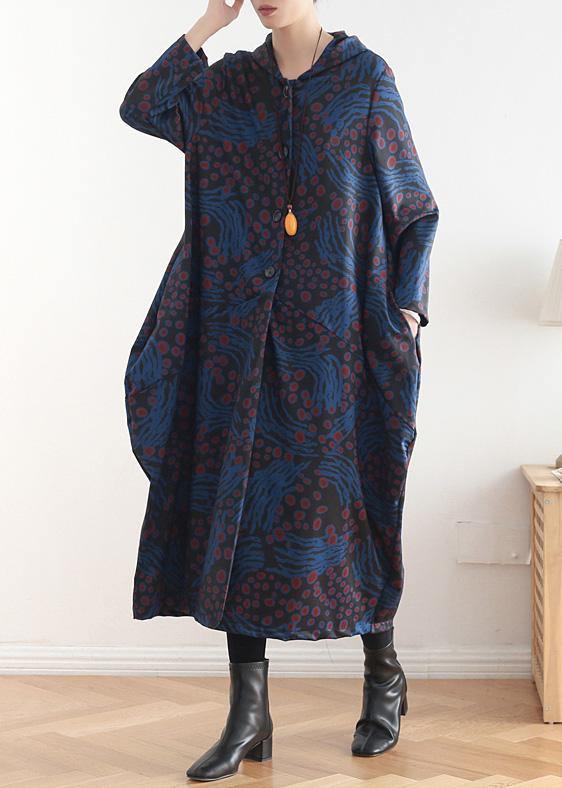 Women hooded patchwork fine coat for woman blue print tunic coats fall