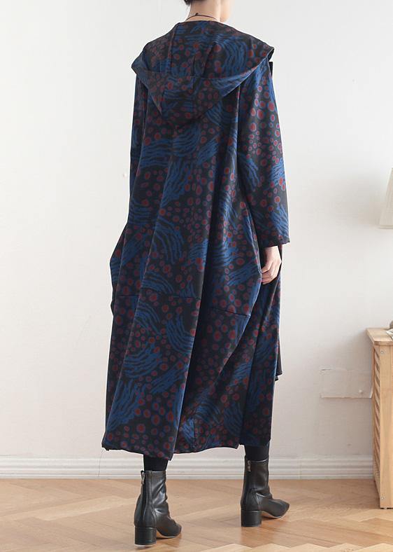 Women hooded patchwork fine coat for woman blue print tunic coats fall