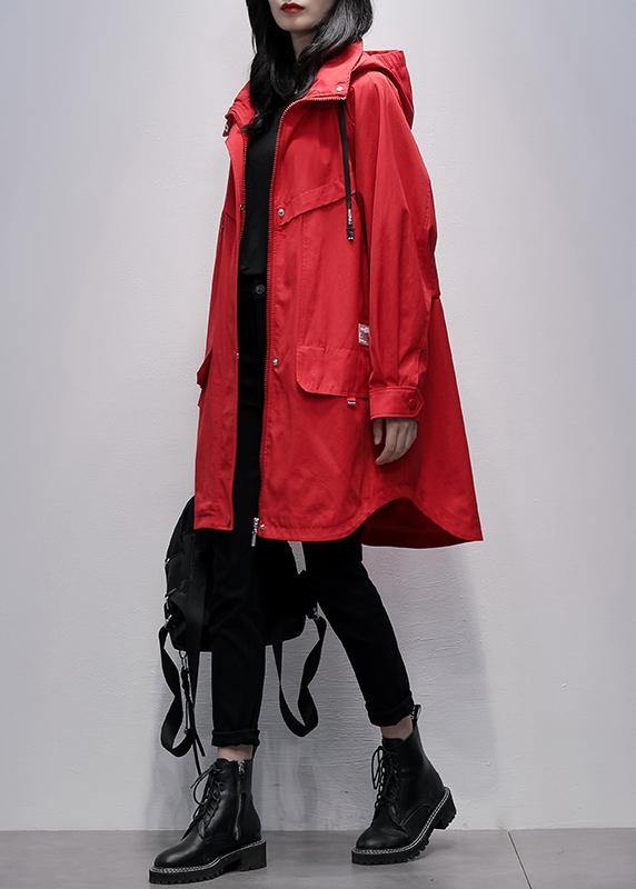 Women hooded zippered  crane coats red Letter Midi outwear