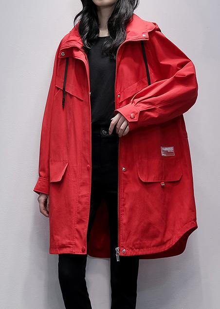 Women hooded zippered  crane coats red Letter Midi outwear