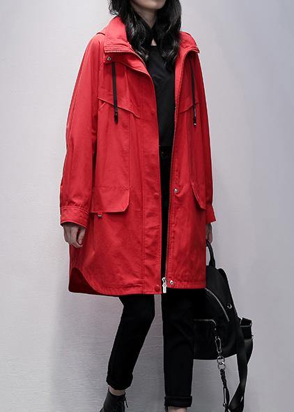 Women hooded zippered  crane coats red Letter Midi outwear