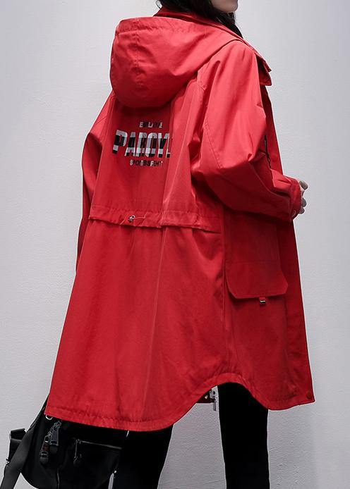 Women hooded zippered  crane coats red Letter Midi outwear