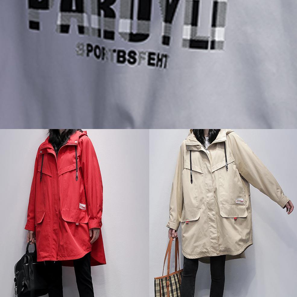 Women hooded zippered  crane coats red Letter Midi outwear