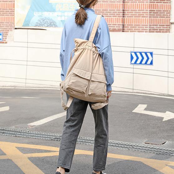 Women khaki Quotes Double Front Pockets Simple Drawstring Backpacks