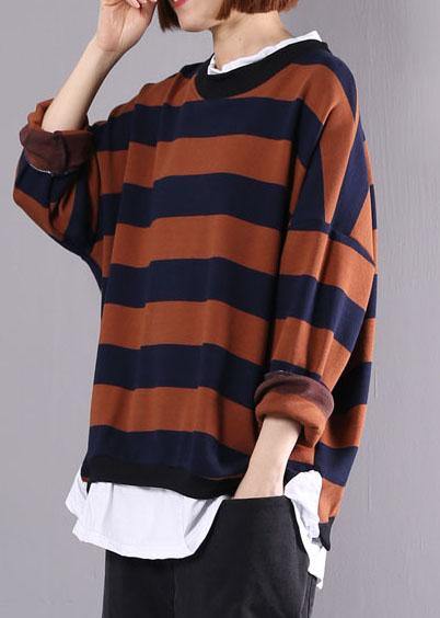 Women khaki striped cotton tunics for women false two pieces daily autumn shirt