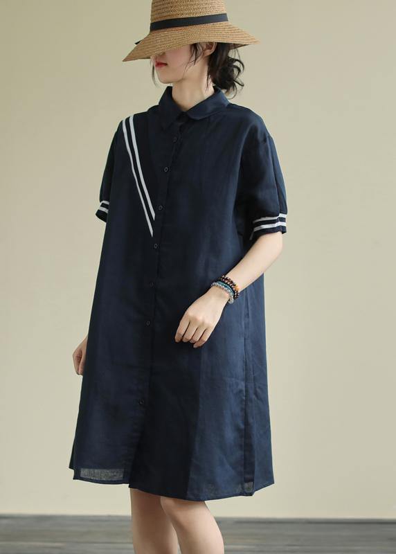 Women lapel Button Down Cotton blend summer Robes design navy striped Dresses