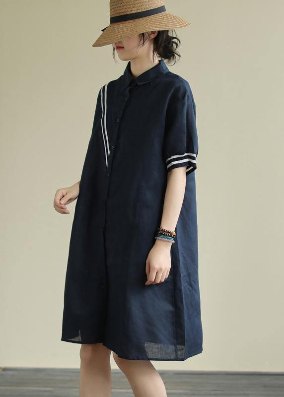 Women lapel Button Down Cotton blend summer Robes design navy striped Dresses