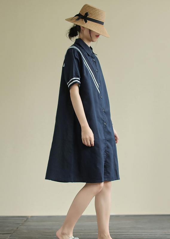 Women lapel Button Down Cotton blend summer Robes design navy striped Dresses