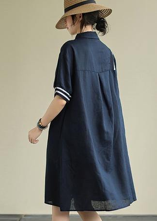 Women lapel Button Down Cotton blend summer Robes design navy striped Dresses