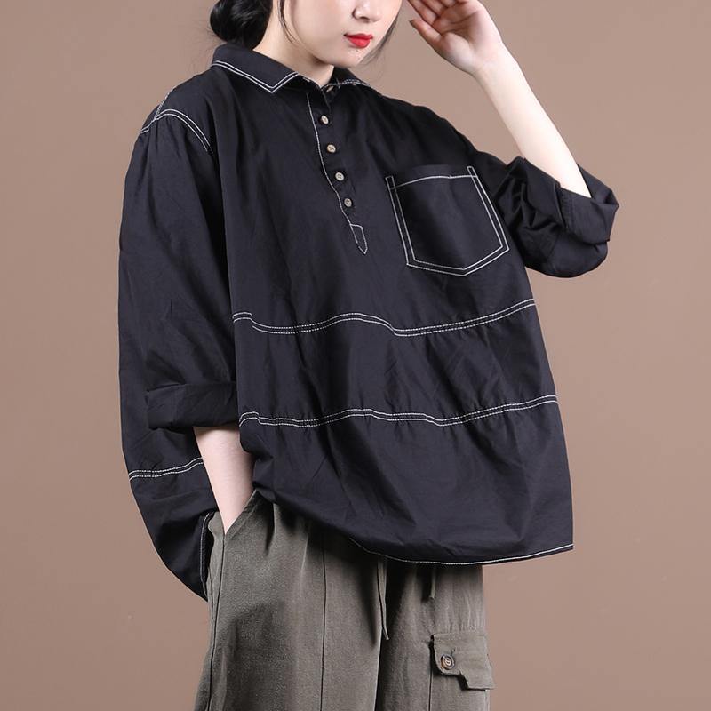 Women lapel baggy blouses for pattern black top