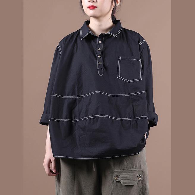 Women lapel baggy blouses for pattern black top