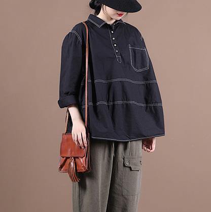 Women lapel baggy blouses for pattern black top