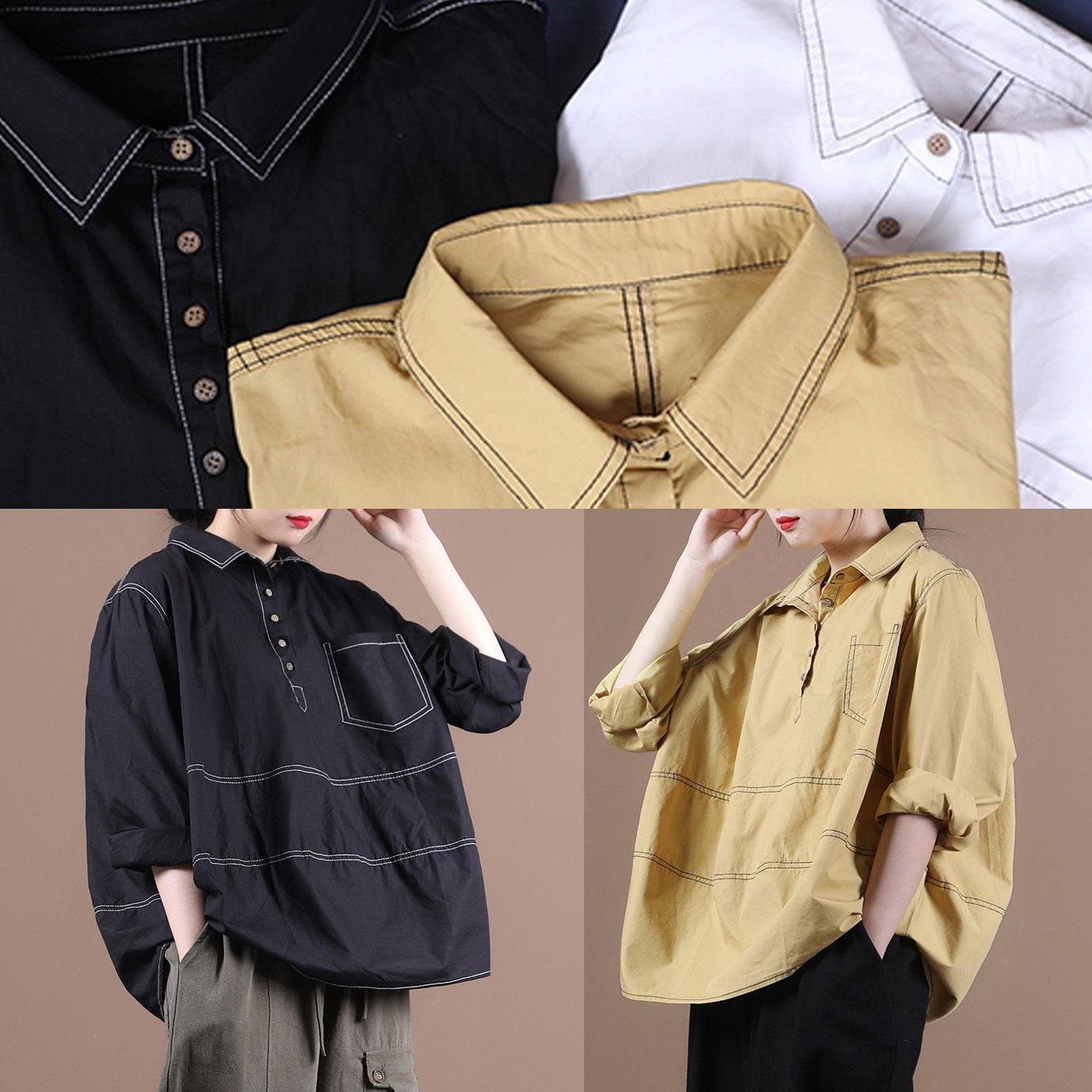 Women lapel baggy blouses for pattern black top