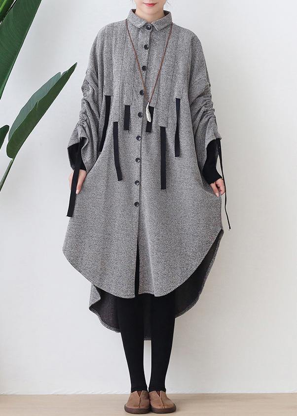 Women lapel low high design cotton tunic top Work gray Robe Dresses