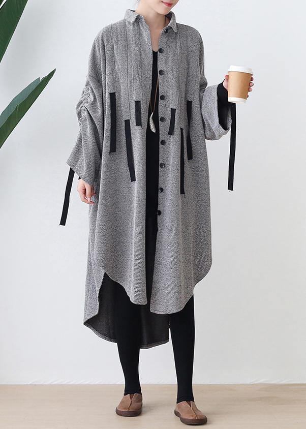 Women lapel low high design cotton tunic top Work gray Robe Dresses